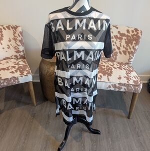 Balmain Paris Black & White Logo Mesh Tee